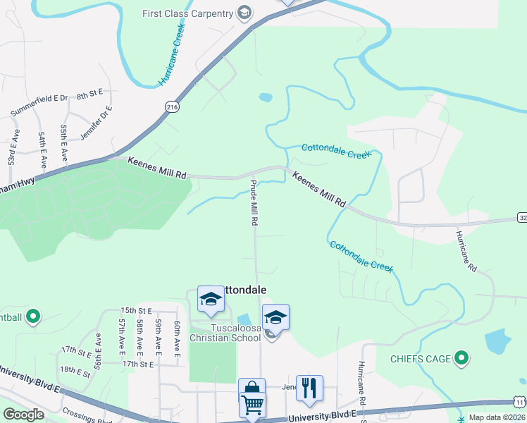 map of restaurants, bars, coffee shops, grocery stores, and more near 66 Prude Mill Road in Cottondale