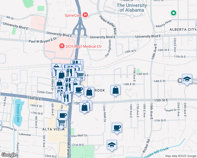 map of restaurants, bars, coffee shops, grocery stores, and more near 1022 13th Street East in Tuscaloosa