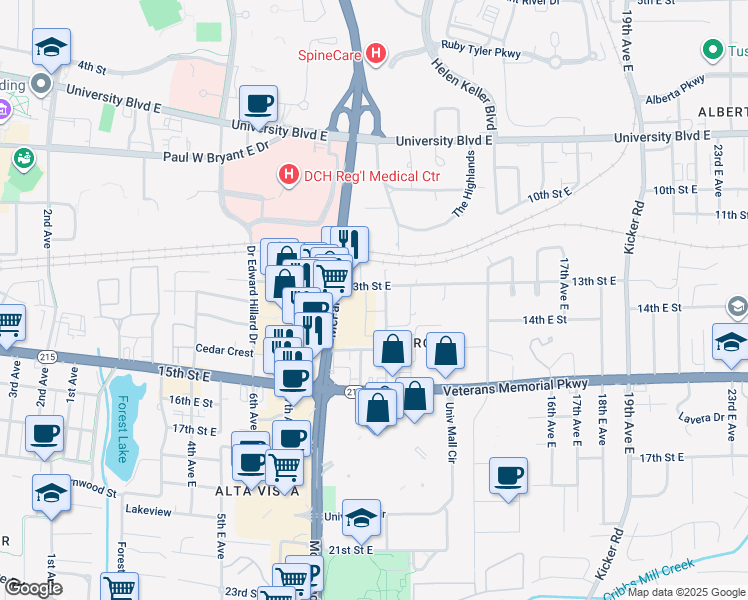 map of restaurants, bars, coffee shops, grocery stores, and more near 918 13th Street East in Tuscaloosa