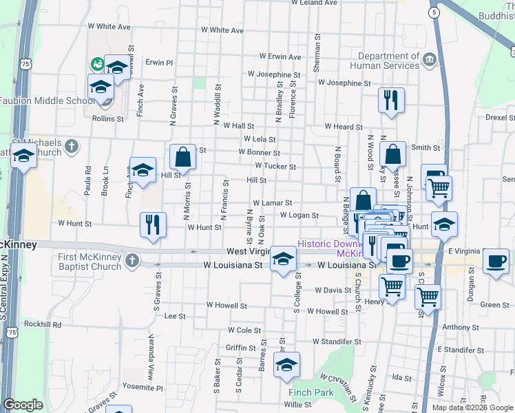 map of restaurants, bars, coffee shops, grocery stores, and more near 408 North Byrne Street in McKinney