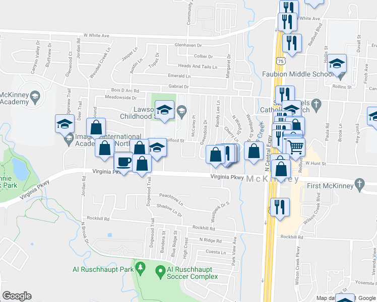 map of restaurants, bars, coffee shops, grocery stores, and more near 2521 Wolford Street in McKinney