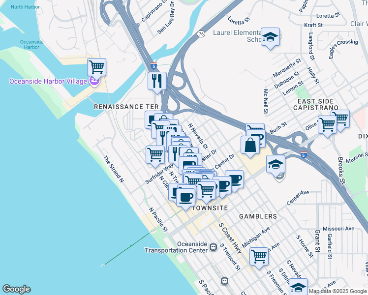 map of restaurants, bars, coffee shops, grocery stores, and more near 612 North Freeman Street in Oceanside