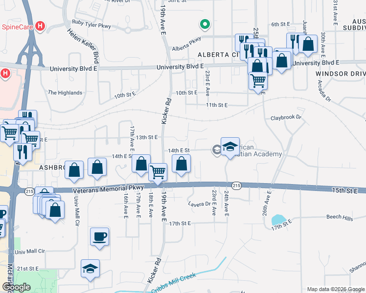 map of restaurants, bars, coffee shops, grocery stores, and more near 1916 13th Street East in Tuscaloosa
