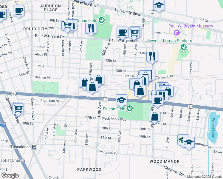 map of restaurants, bars, coffee shops, grocery stores, and more near 803 Parkview Drive in Tuscaloosa