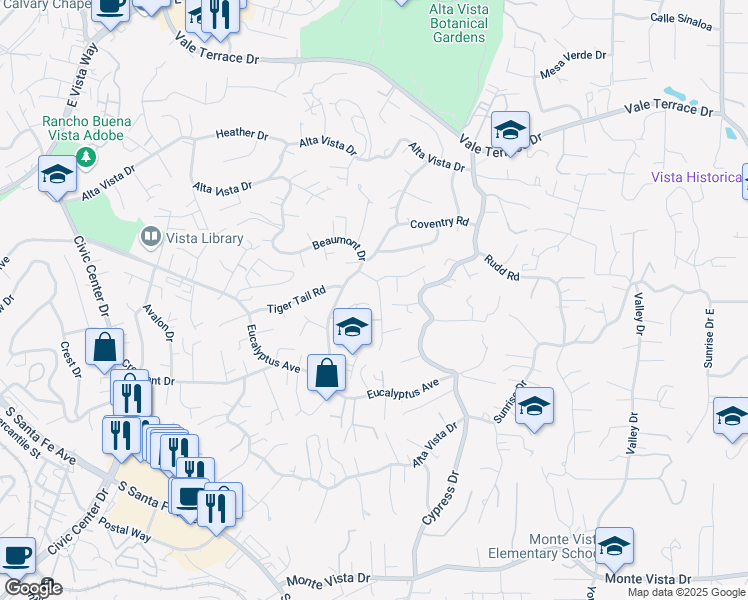 map of restaurants, bars, coffee shops, grocery stores, and more near 421 Hillway Drive in Vista