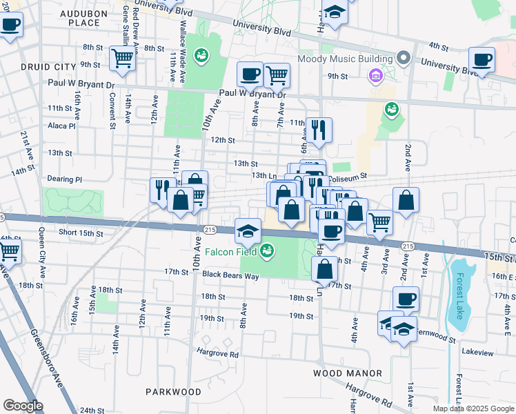 map of restaurants, bars, coffee shops, grocery stores, and more near 1326 8th Avenue in Tuscaloosa