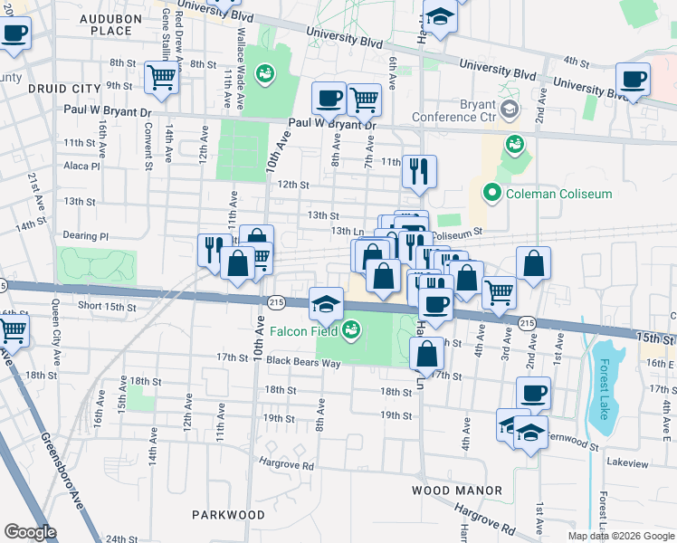map of restaurants, bars, coffee shops, grocery stores, and more near 1326 8th Avenue in Tuscaloosa