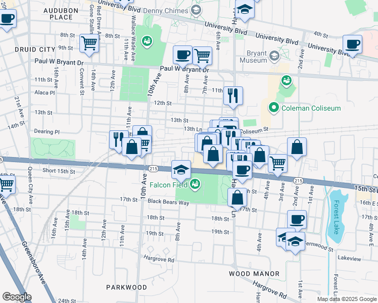 map of restaurants, bars, coffee shops, grocery stores, and more near 700 15th Street in Tuscaloosa