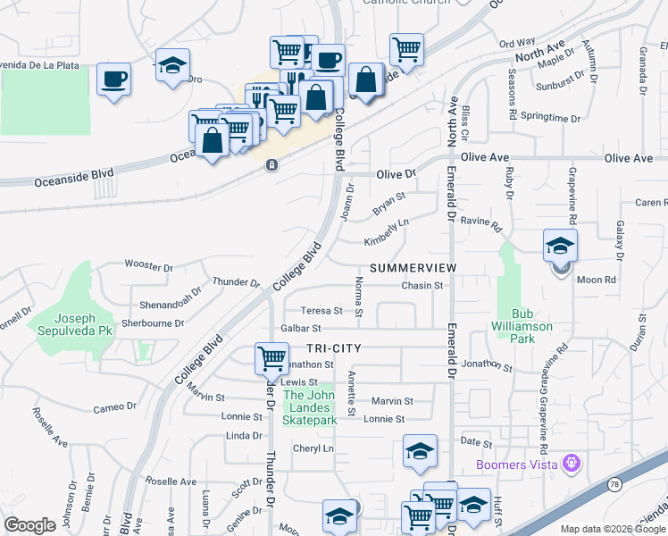 map of restaurants, bars, coffee shops, grocery stores, and more near 4129 Terry Street in Oceanside