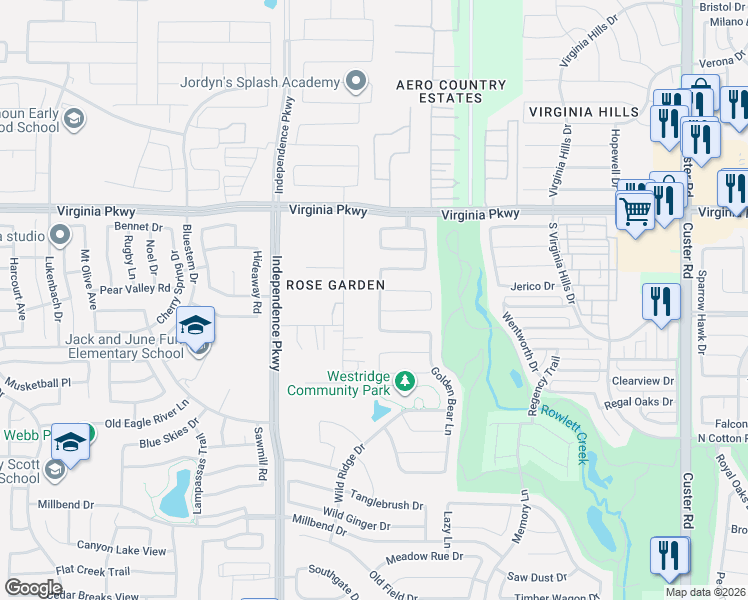map of restaurants, bars, coffee shops, grocery stores, and more near 363 Rose Garden Drive in McKinney