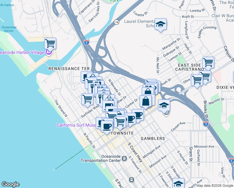 map of restaurants, bars, coffee shops, grocery stores, and more near 521 North Clementine Street in Oceanside