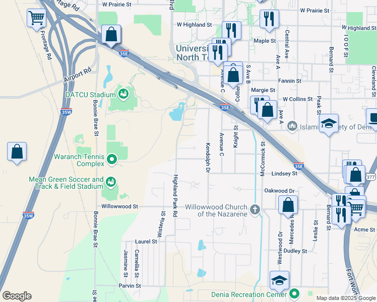 map of restaurants, bars, coffee shops, grocery stores, and more near 1912 Highland Park Circle in Denton