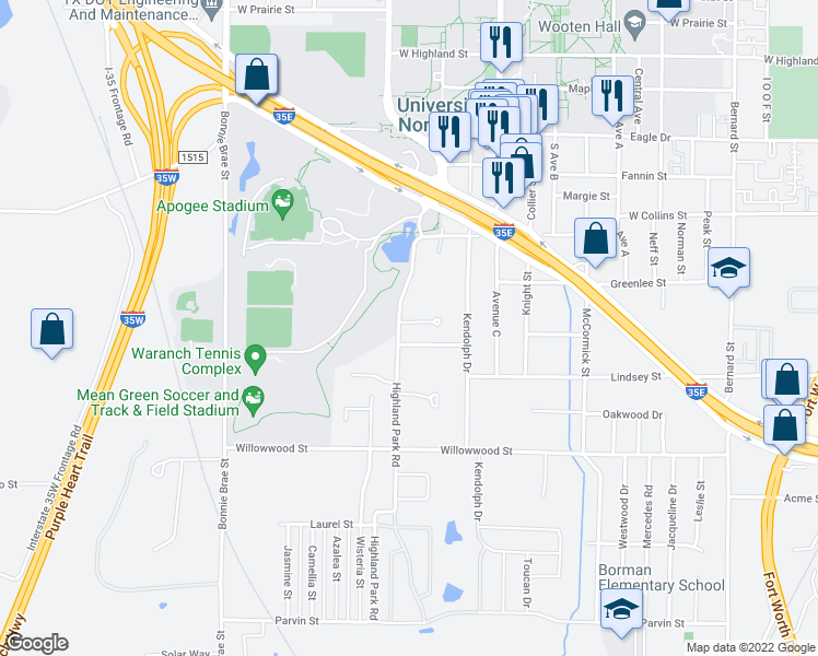 map of restaurants, bars, coffee shops, grocery stores, and more near 1323 Highland Park Road in Denton