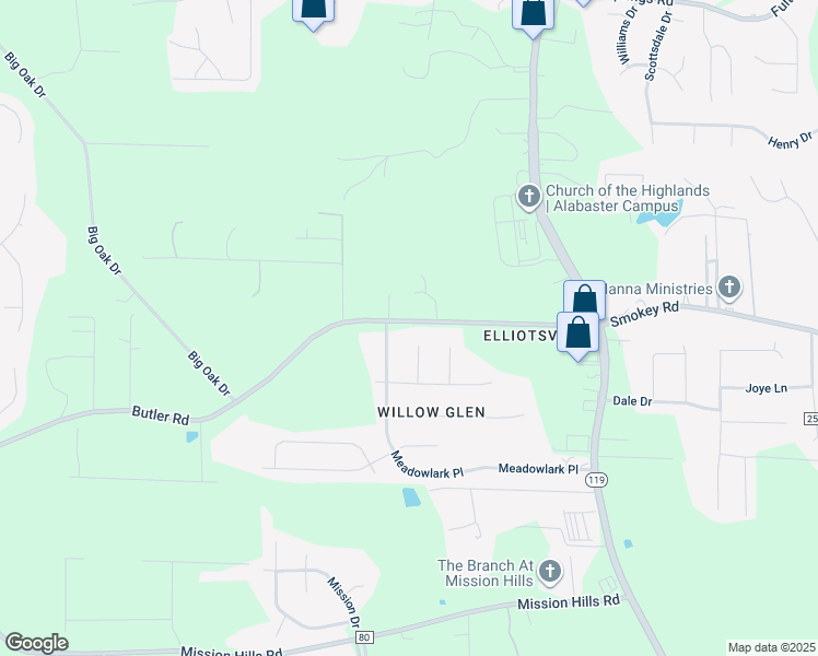 map of restaurants, bars, coffee shops, grocery stores, and more near 1724 Butler Road in Alabaster