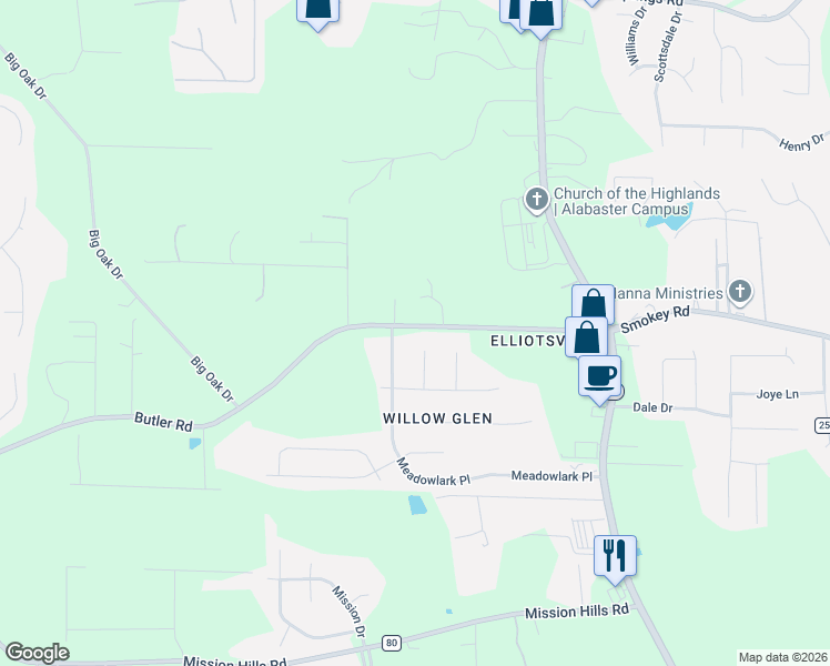 map of restaurants, bars, coffee shops, grocery stores, and more near 1724 Butler Road in Alabaster