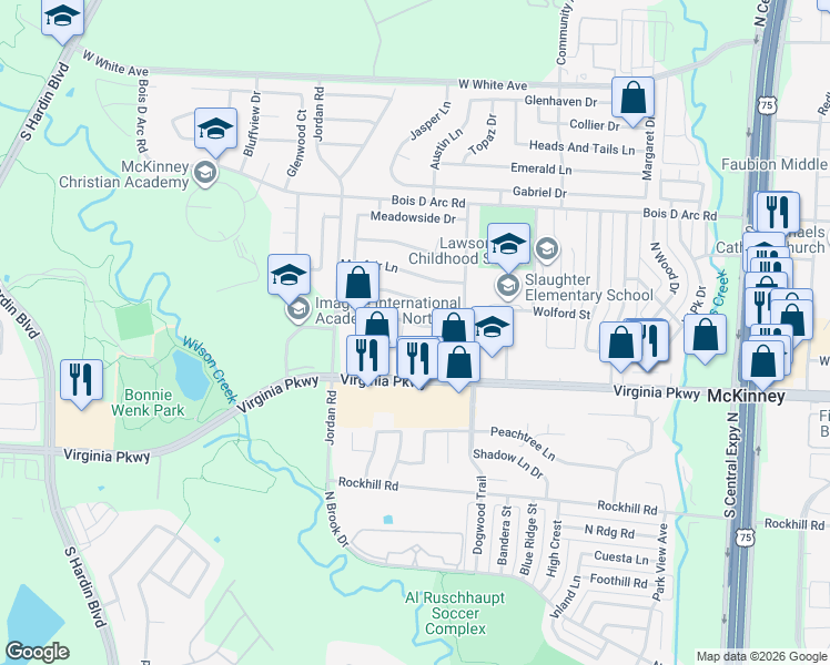 map of restaurants, bars, coffee shops, grocery stores, and more near 2818 Bradford Oaks Drive in McKinney