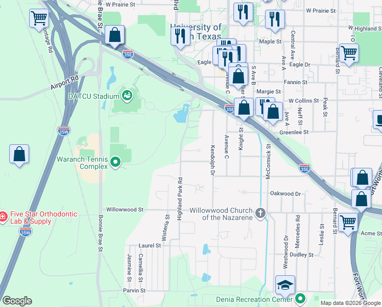 map of restaurants, bars, coffee shops, grocery stores, and more near 1912 Highland Park Circle in Denton