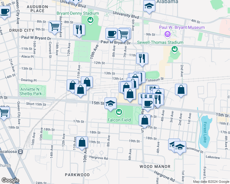 map of restaurants, bars, coffee shops, grocery stores, and more near 700 15th Street in Tuscaloosa