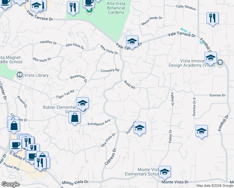 map of restaurants, bars, coffee shops, grocery stores, and more near 1782 Alta Vista Drive in Vista