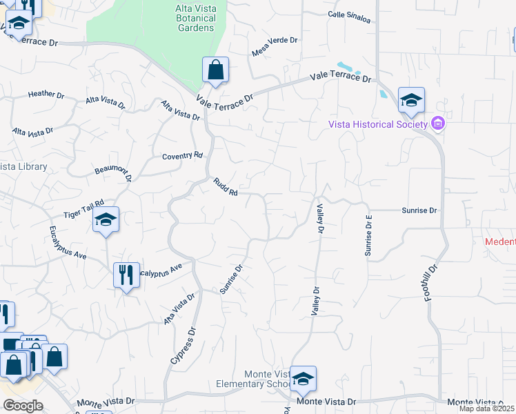 map of restaurants, bars, coffee shops, grocery stores, and more near 243 Rudd Road in Vista