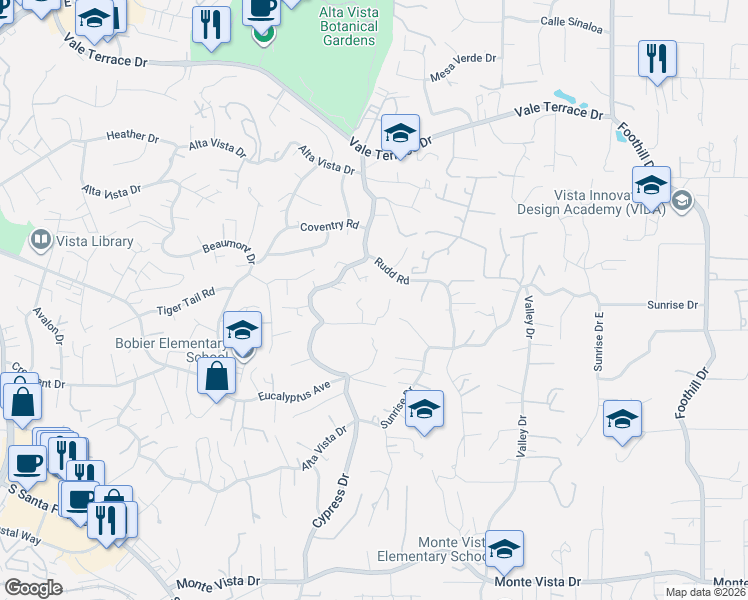 map of restaurants, bars, coffee shops, grocery stores, and more near 1670 Alta Vista Drive in Vista