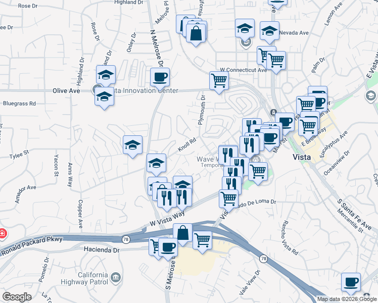 map of restaurants, bars, coffee shops, grocery stores, and more near 241 Knoll Road in Vista
