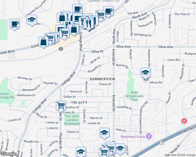 map of restaurants, bars, coffee shops, grocery stores, and more near 4197 Terry Street in Oceanside
