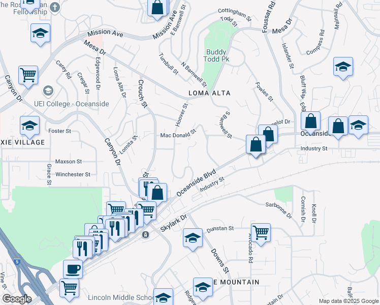 map of restaurants, bars, coffee shops, grocery stores, and more near 580 Hidden Canyon Way in Oceanside