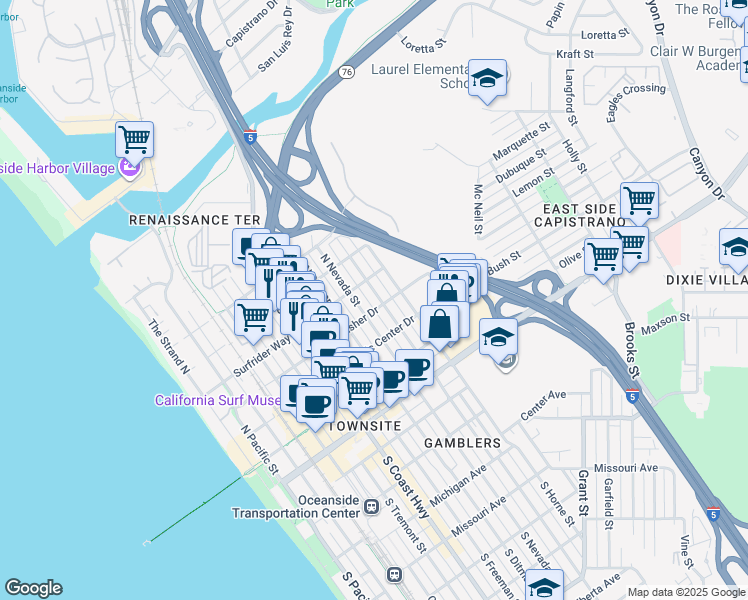 map of restaurants, bars, coffee shops, grocery stores, and more near 521 North Clementine Street in Oceanside