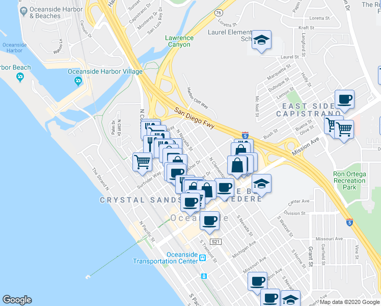 map of restaurants, bars, coffee shops, grocery stores, and more near 521 North Clementine Street in Oceanside