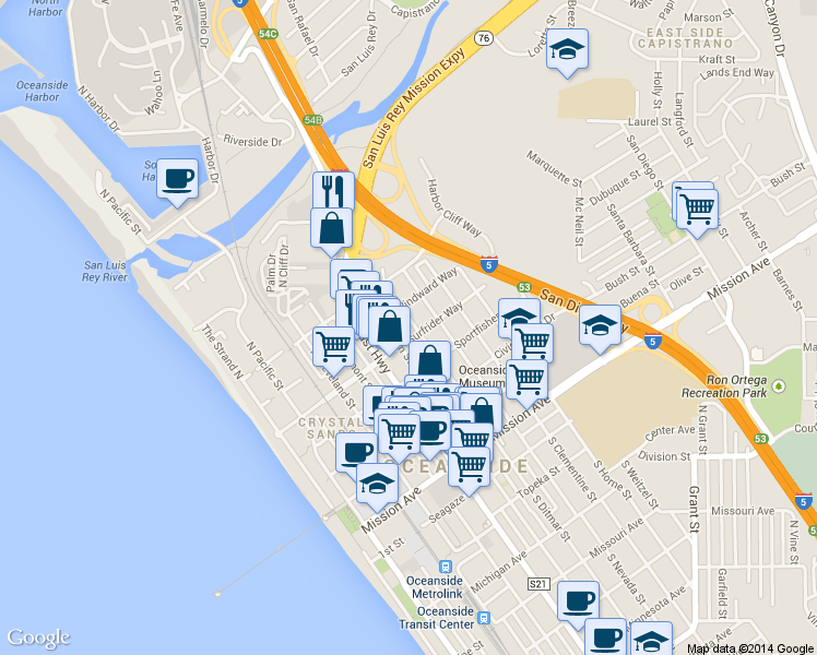 map of restaurants, bars, coffee shops, grocery stores, and more near 614 North Ditmar Street in Oceanside