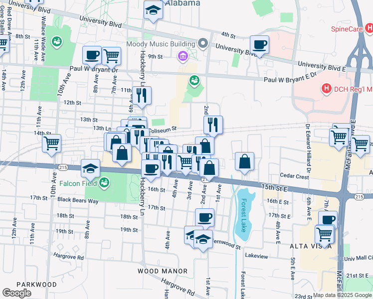 map of restaurants, bars, coffee shops, grocery stores, and more near 25 Meador Drive in Tuscaloosa