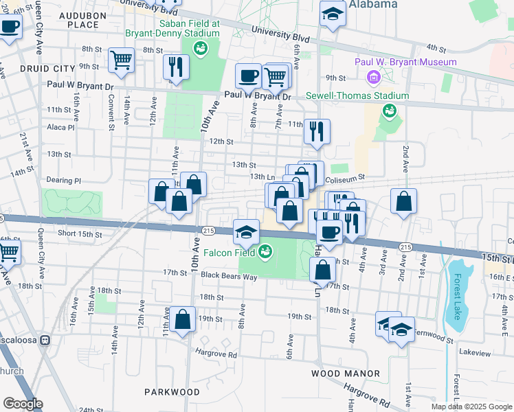 map of restaurants, bars, coffee shops, grocery stores, and more near 1326 8th Avenue in Tuscaloosa