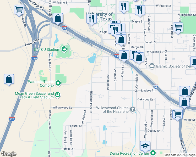 map of restaurants, bars, coffee shops, grocery stores, and more near 1912 Highland Park Circle in Denton