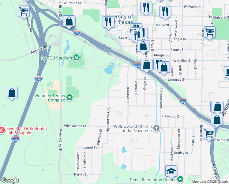 map of restaurants, bars, coffee shops, grocery stores, and more near 1912 Highland Park Circle in Denton