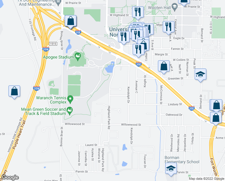 map of restaurants, bars, coffee shops, grocery stores, and more near 1323 Highland Park Road in Denton