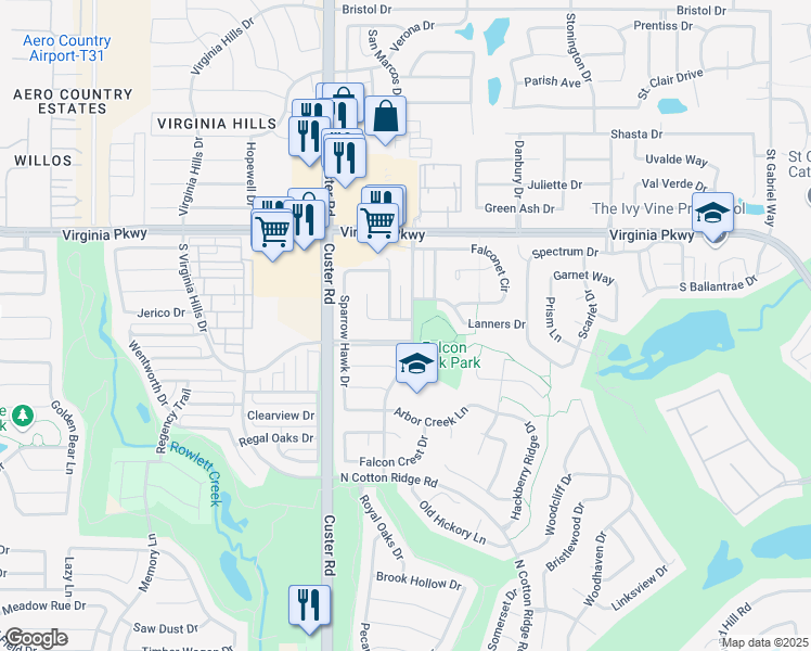 map of restaurants, bars, coffee shops, grocery stores, and more near 8701 Talon Court in McKinney