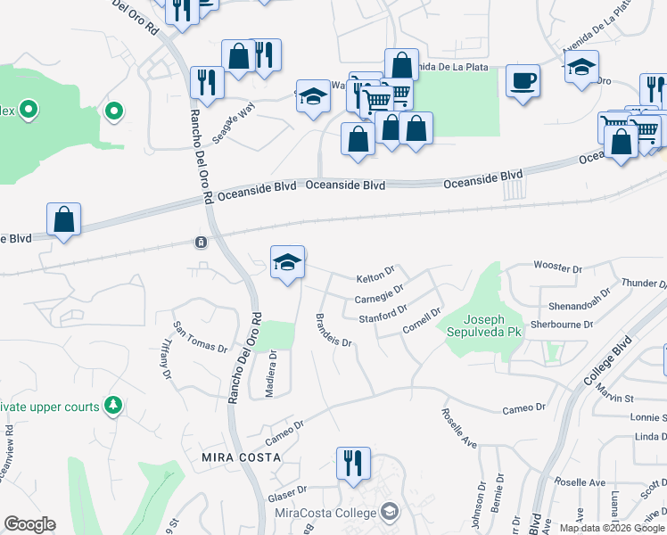 map of restaurants, bars, coffee shops, grocery stores, and more near 3742 Kelton Drive in Oceanside