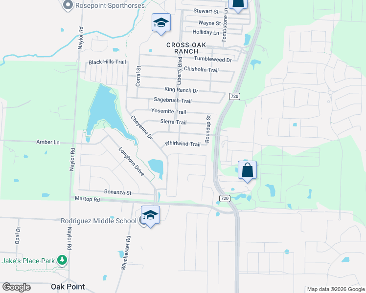 map of restaurants, bars, coffee shops, grocery stores, and more near 8825 Whirlwind Trail in Aubrey