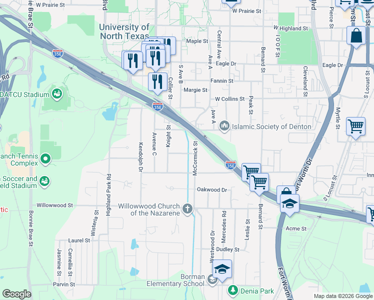 map of restaurants, bars, coffee shops, grocery stores, and more near 1502 McCormick Street in Denton