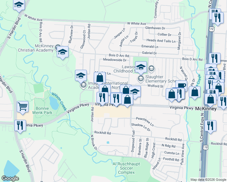 map of restaurants, bars, coffee shops, grocery stores, and more near 2818 Bradford Oaks Drive in McKinney