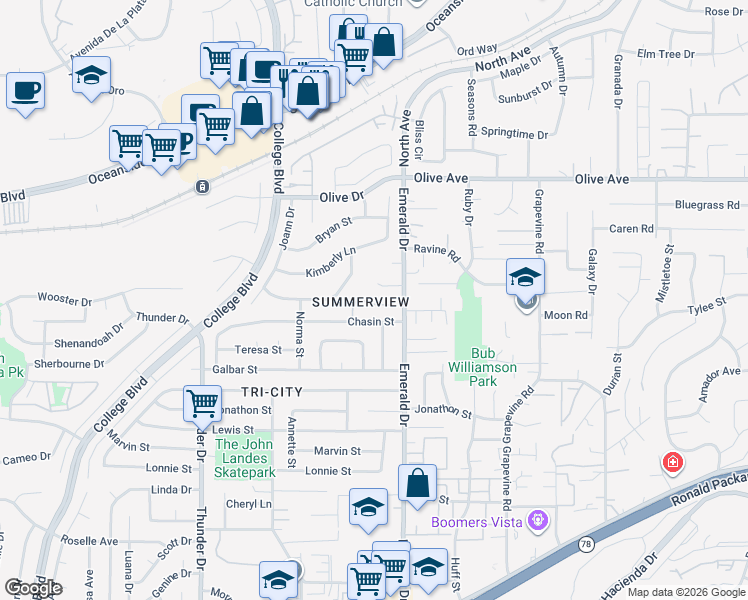 map of restaurants, bars, coffee shops, grocery stores, and more near 4204 Borra Court in Oceanside