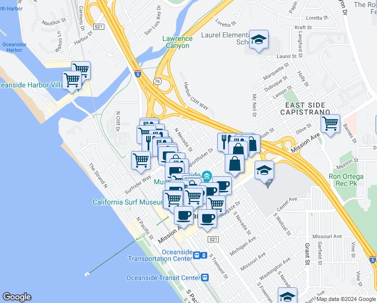 map of restaurants, bars, coffee shops, grocery stores, and more near 519 North Nevada Street in Oceanside