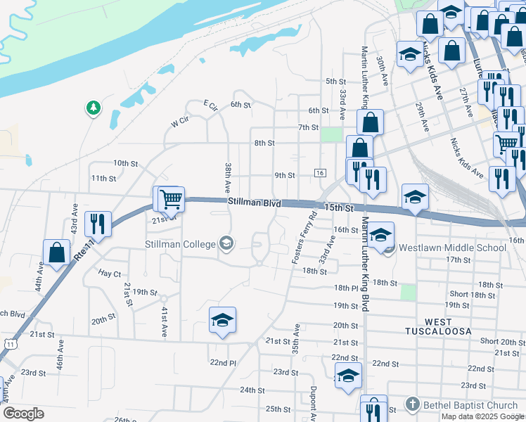 map of restaurants, bars, coffee shops, grocery stores, and more near 1921 Stillman Boulevard in Tuscaloosa