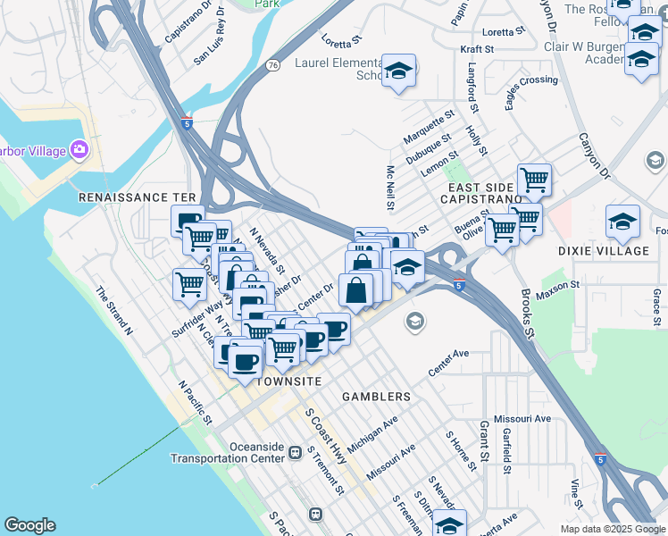 map of restaurants, bars, coffee shops, grocery stores, and more near 500 North Clementine Street in Oceanside