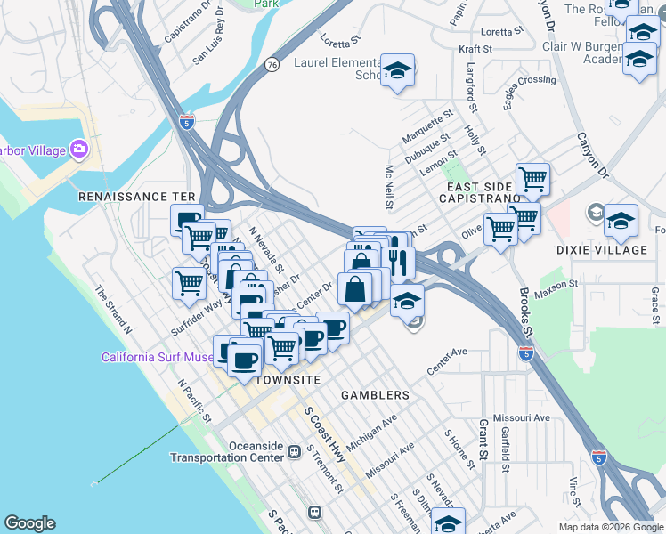 map of restaurants, bars, coffee shops, grocery stores, and more near 404 North Horne Street in Oceanside