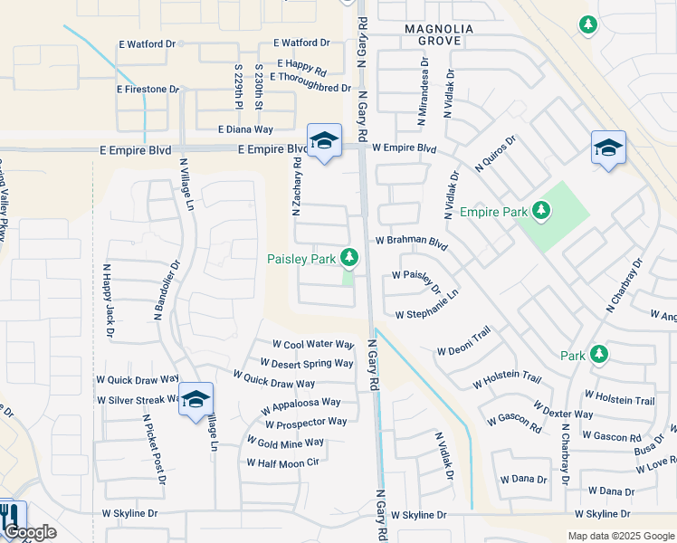 map of restaurants, bars, coffee shops, grocery stores, and more near 1630 West Paisley Drive in Queen Creek