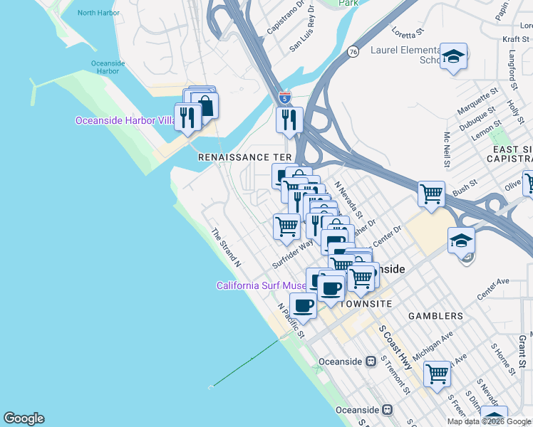 map of restaurants, bars, coffee shops, grocery stores, and more near 817 North Tremont Street in Oceanside