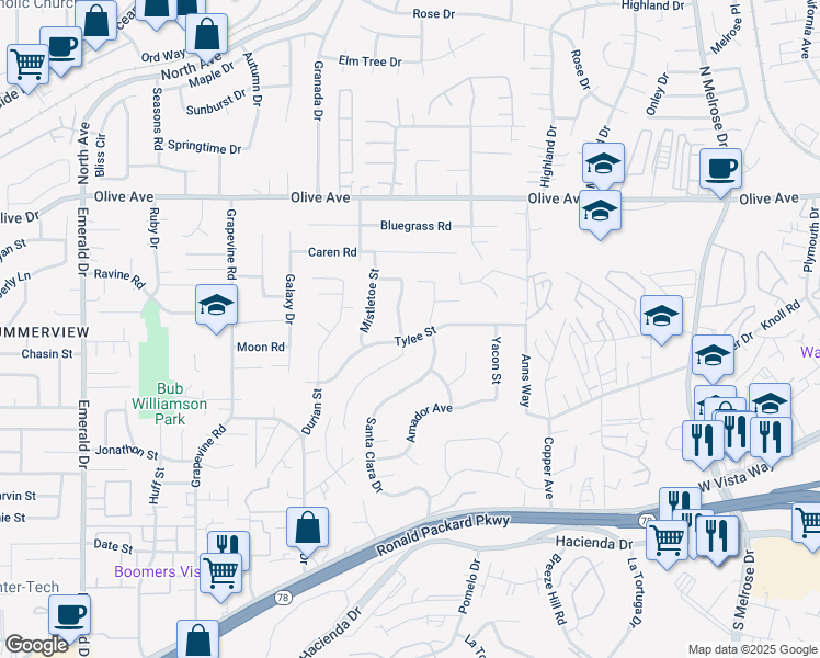 map of restaurants, bars, coffee shops, grocery stores, and more near 411 Palmbark Street in Vista