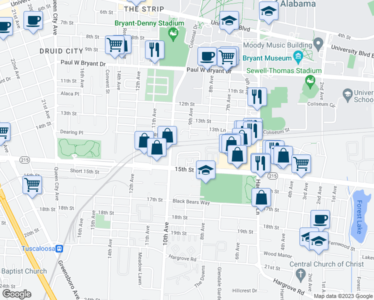 map of restaurants, bars, coffee shops, grocery stores, and more near 11 Parkview Drive in Tuscaloosa
